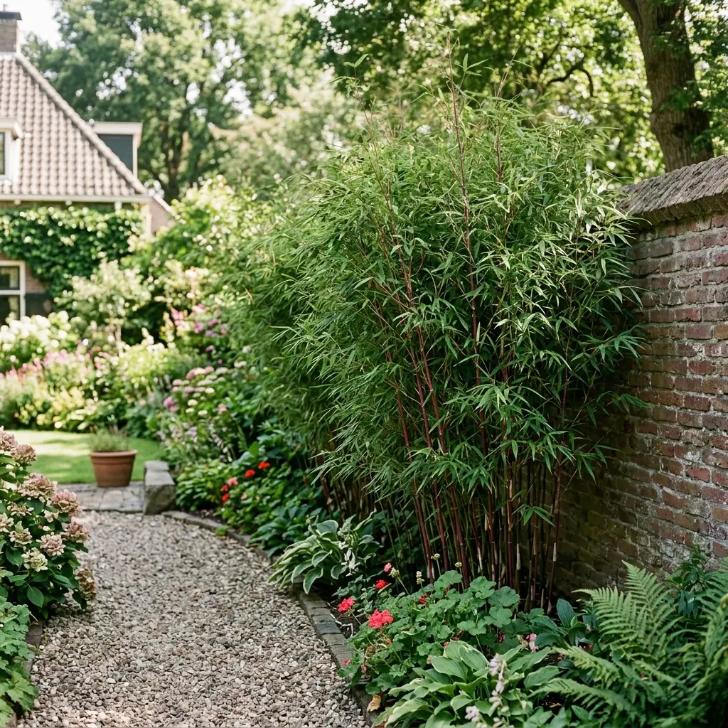 fargesia bamboe haag in Nederlandse tuin zomer groen