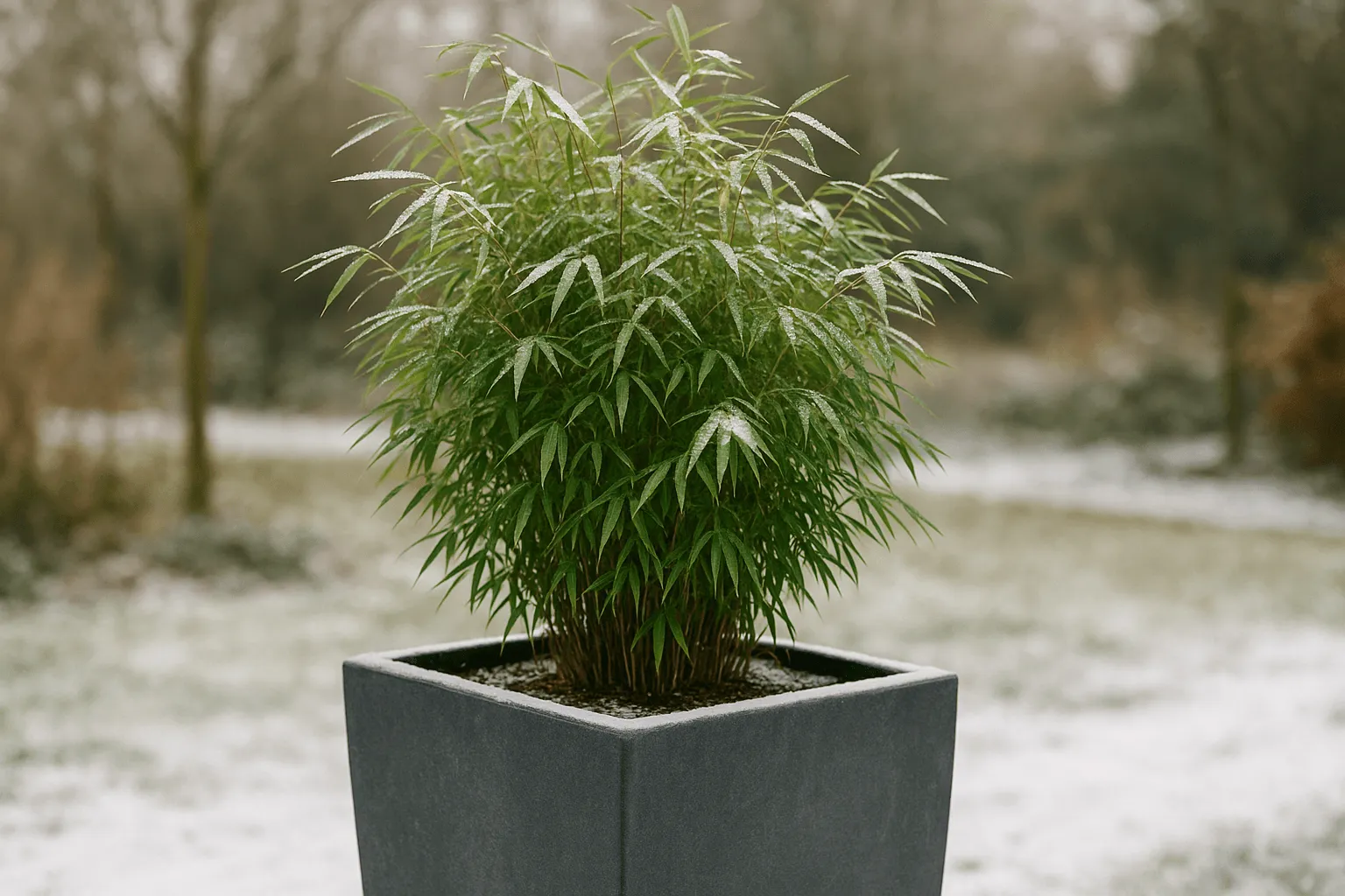 Fargesia bamboe plant in grote plantenbak buiten in winter