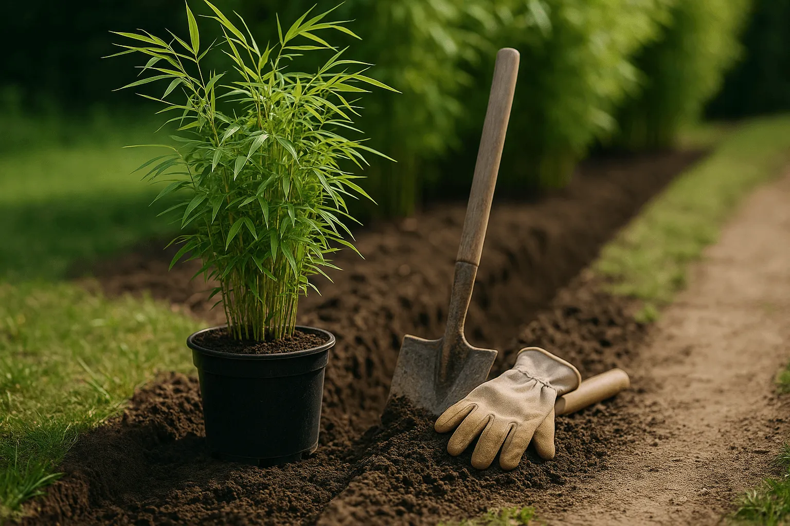 fargesia bamboe plant in pot klaar voor aanplant tuin