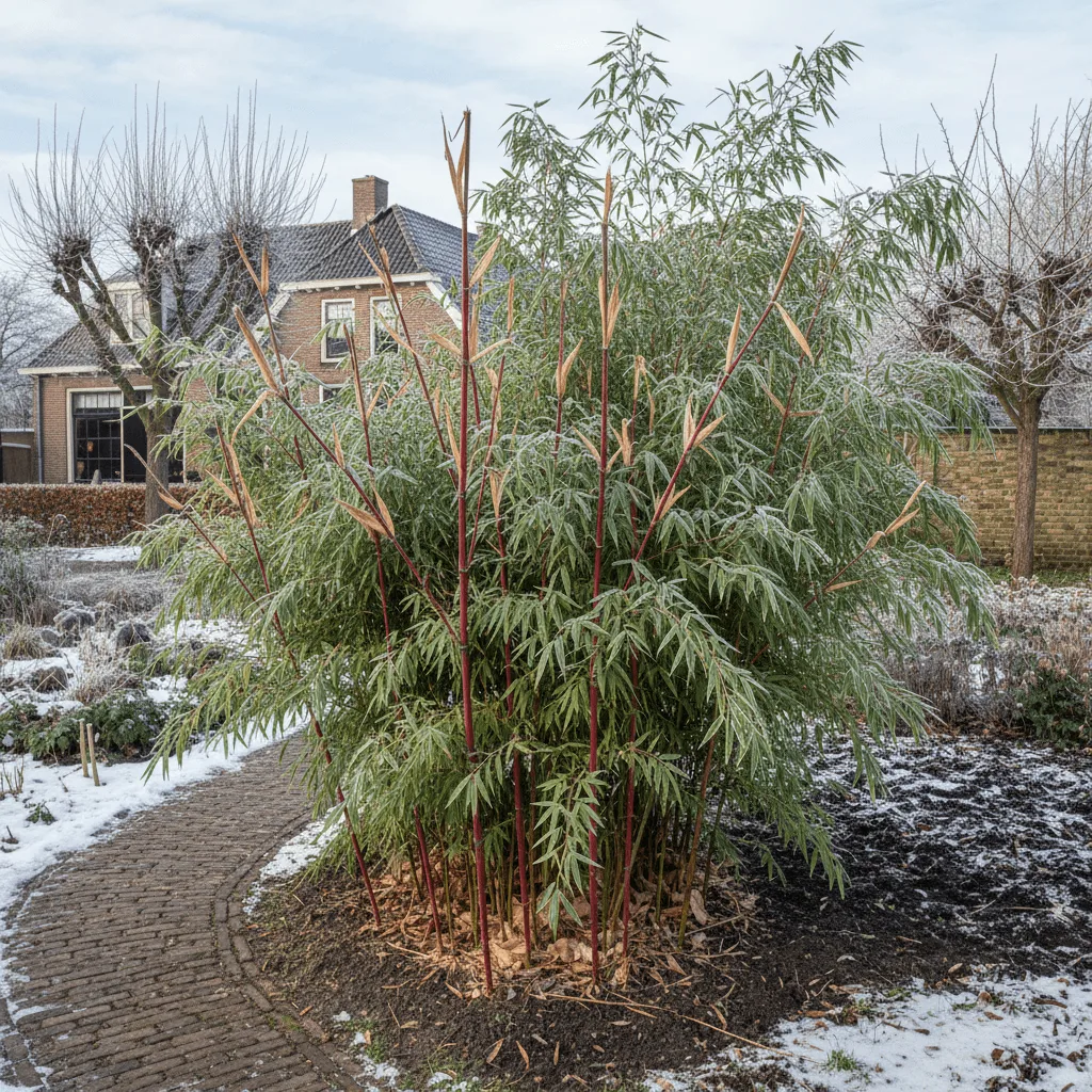 fargesia jiuzhaigou bamboe met rode stengels in de tuin