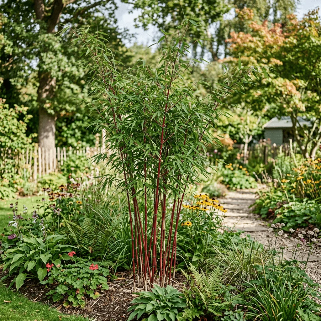 fargesia jiuzhaigou met rode stengels in een zonnige tuin