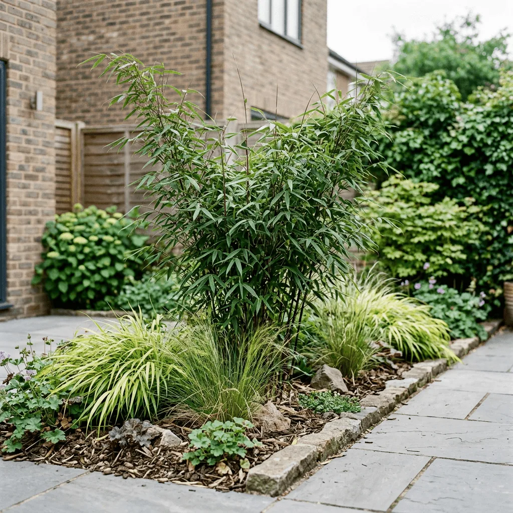 Fargesia nitida compacte bamboe in kleine border met siergrassen
