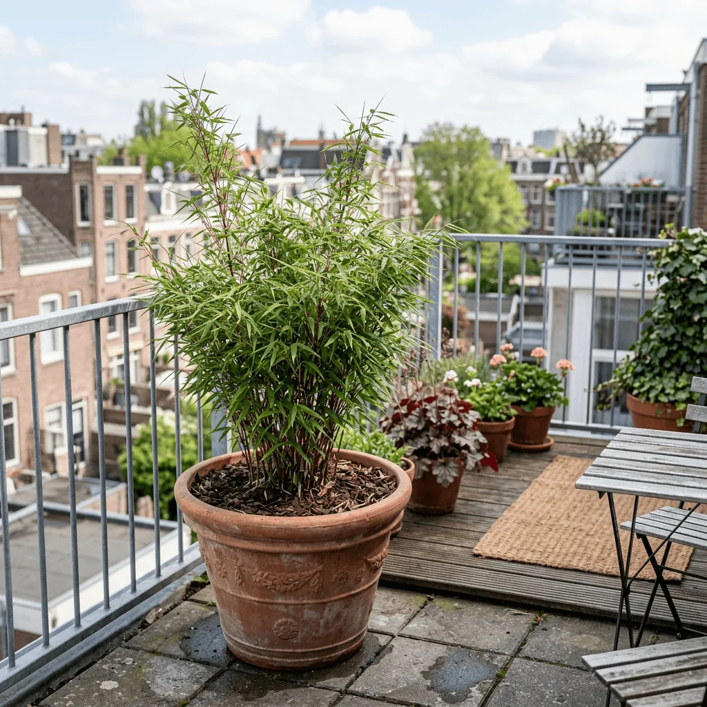 fargesia nitida in een pot op een stads terras