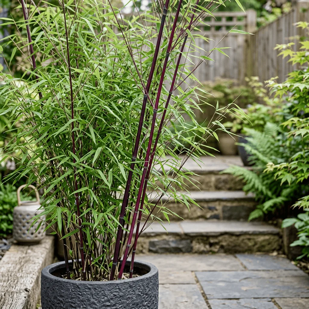 Fargesia nitida Volcano in terrastuin met paarse stelen close-up
