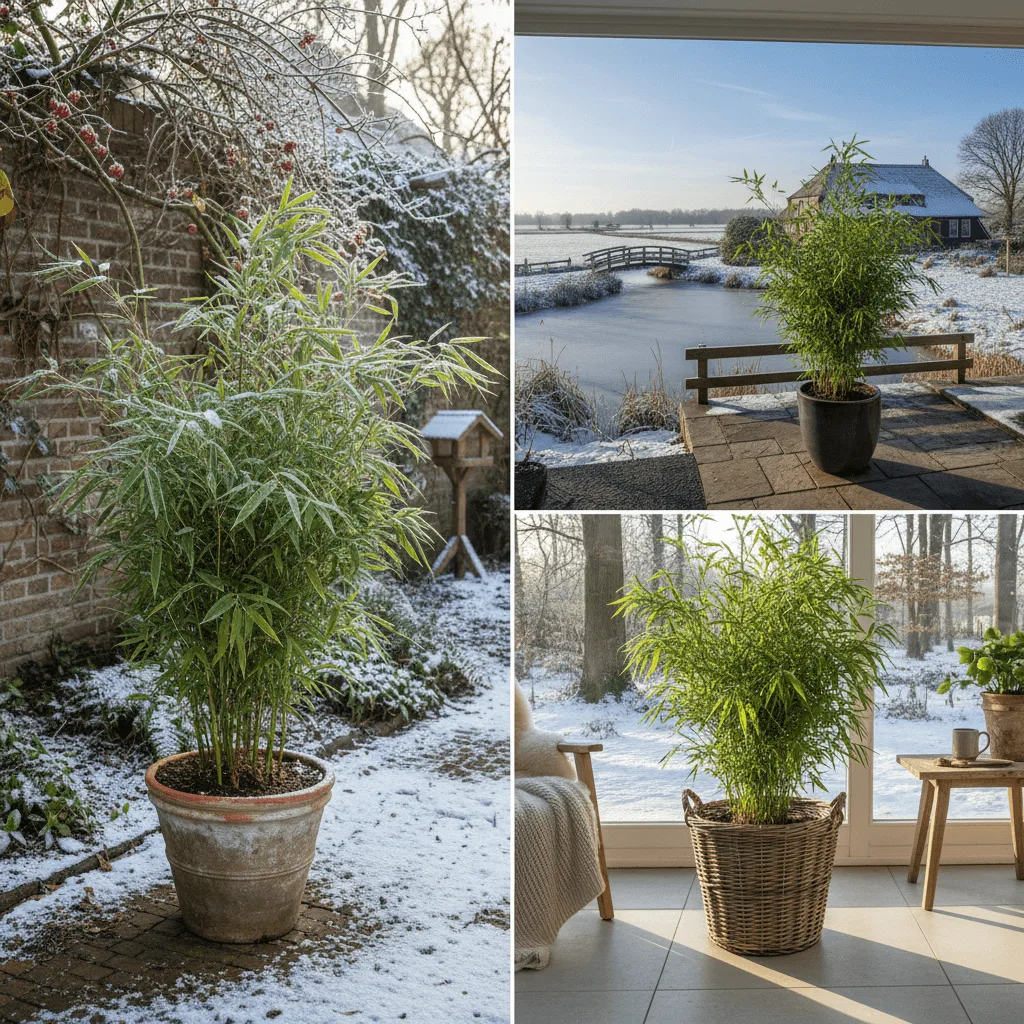 Fargesia nitida Winter Joy bamboe plant in pot met groen blad