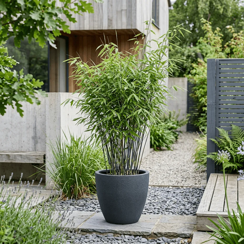 fargesia nitida winter joy in pot bij moderne tuininrichting