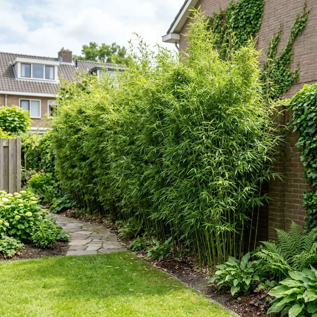 fargesia robusta bamboe haag als erfafscheiding in tuin