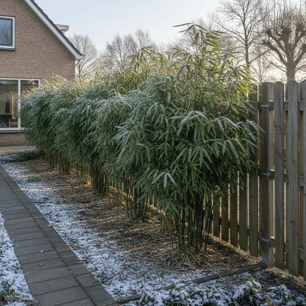 Fargesia Robusta Campbell bamboe haag langs erfafscheiding in tuin