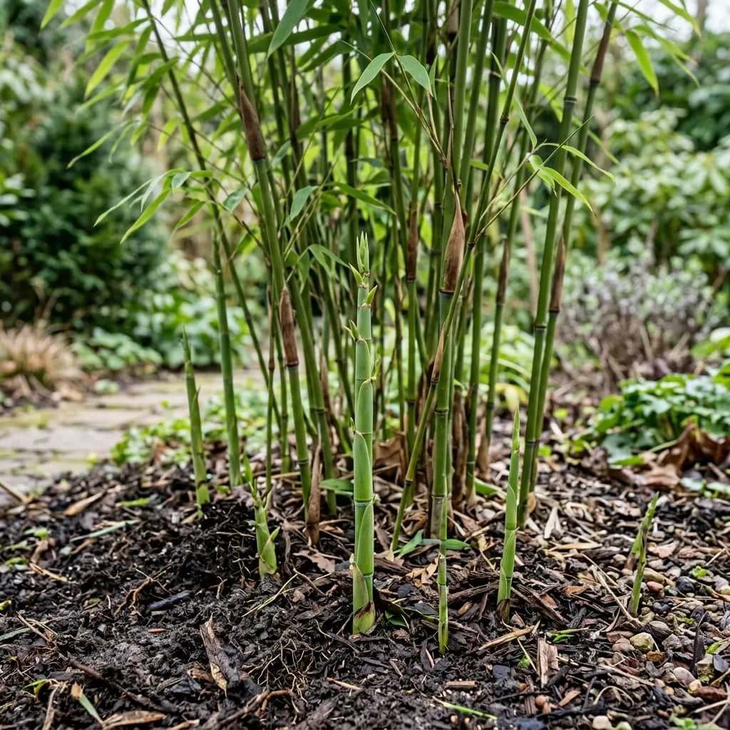 fargesia robusta campbell in voorjaarsgrond met nieuwe groene scheuten