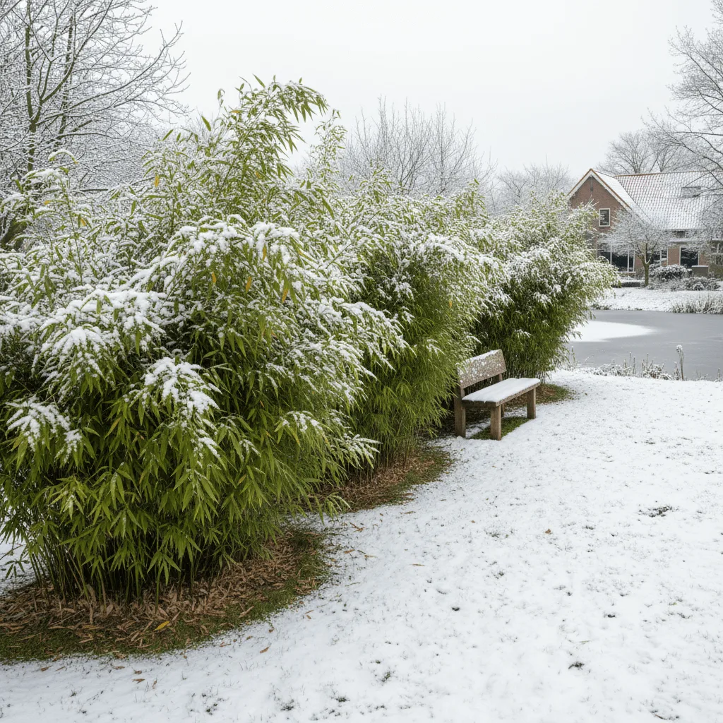 groenblijvende fargesia bamboe haag in een winterse tuin