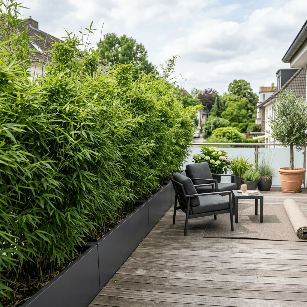 groot terras met dichte Fargesia bamboe afscheiding langs de rand