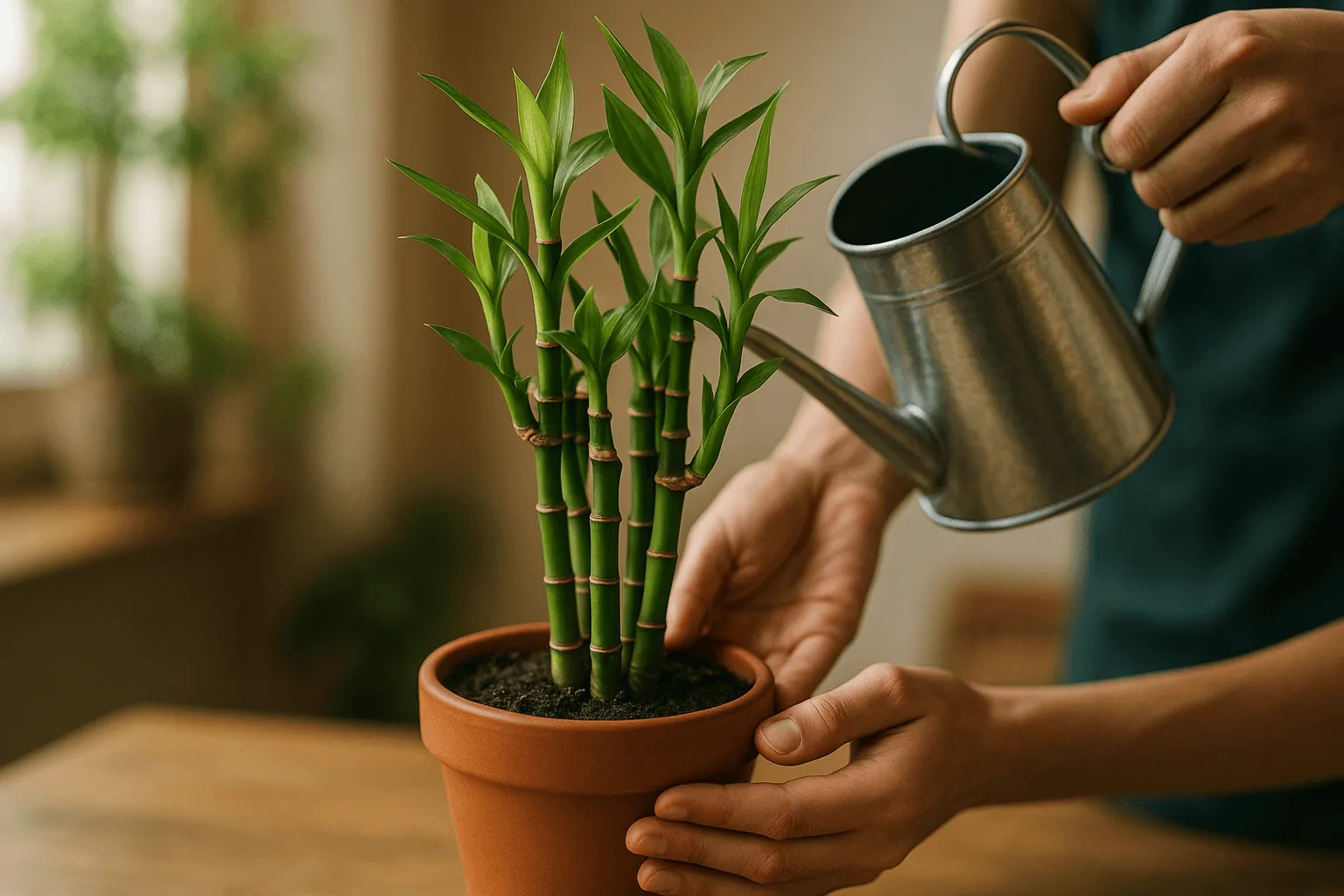 handen die water geven aan bamboe plant in pot