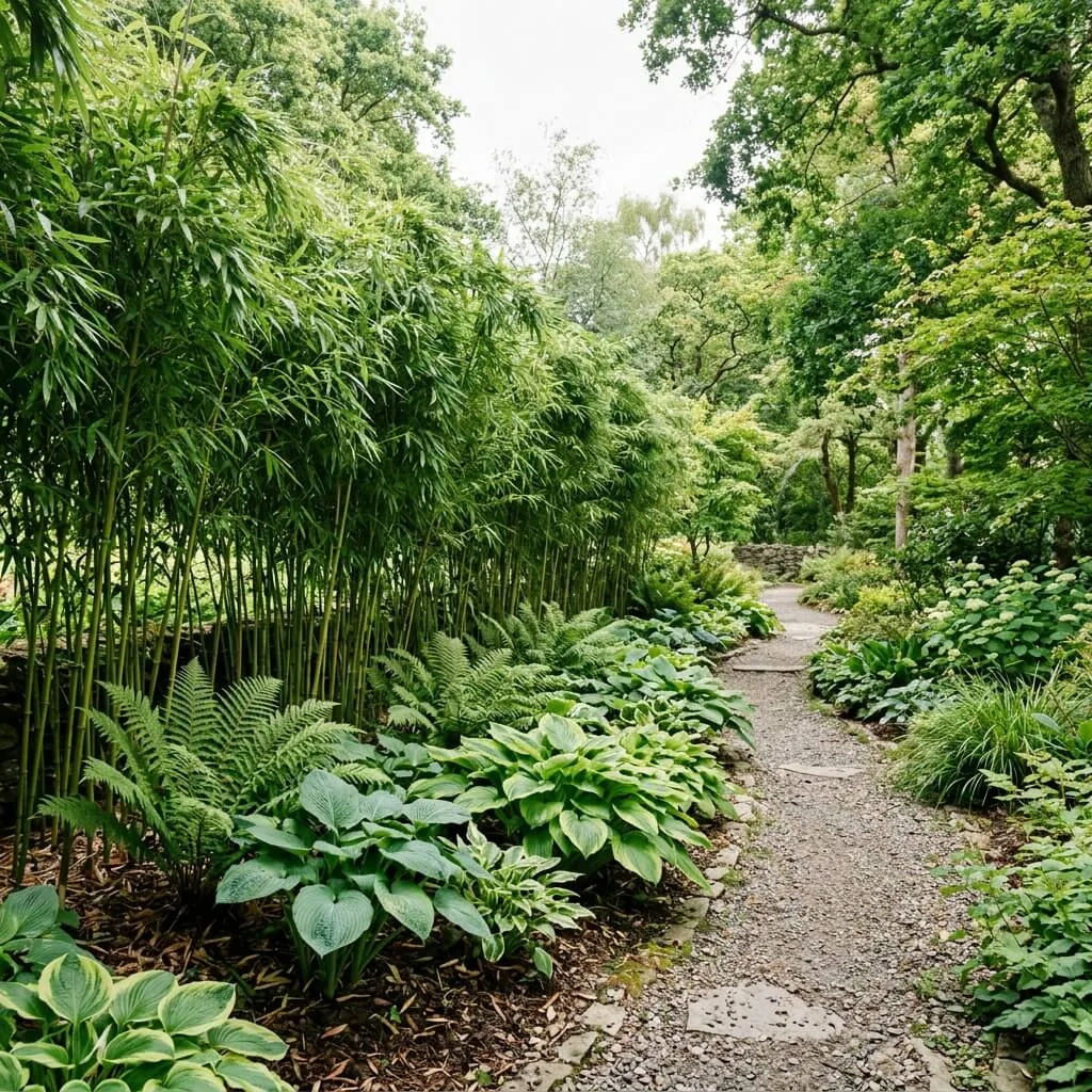 hosta en varens als onderbeplanting bij bamboe haag