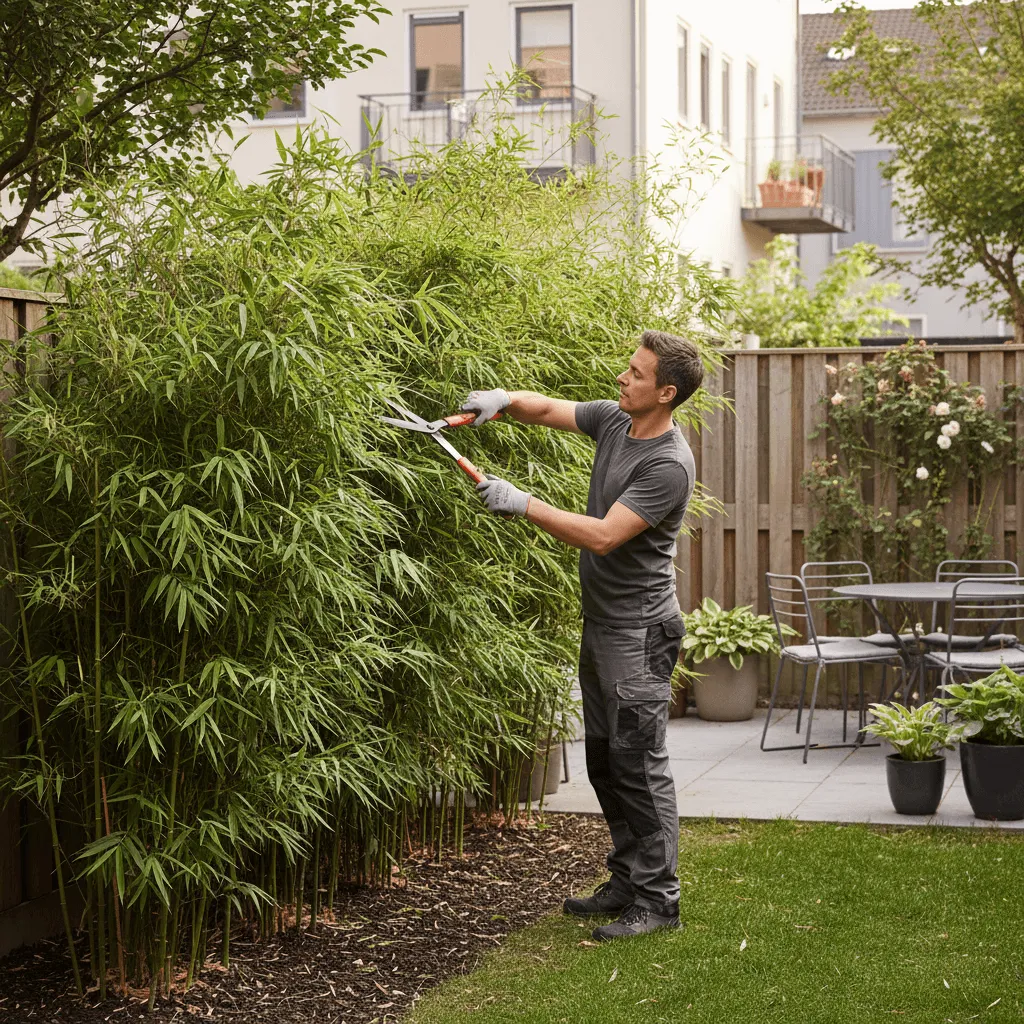 hovenier snoeit fargesia bamboe haag in kleine tuin