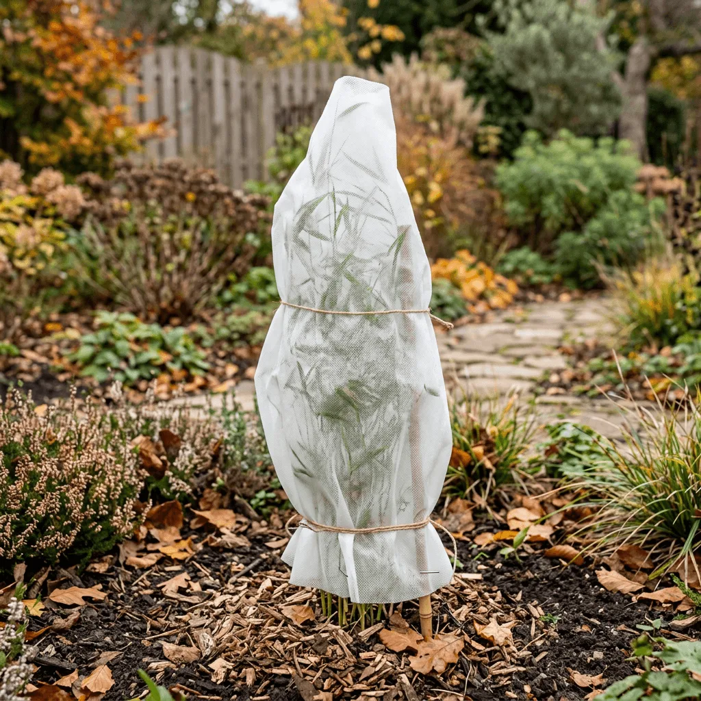 jonge bamboe plant met vliesdoek vorstbescherming in herfst