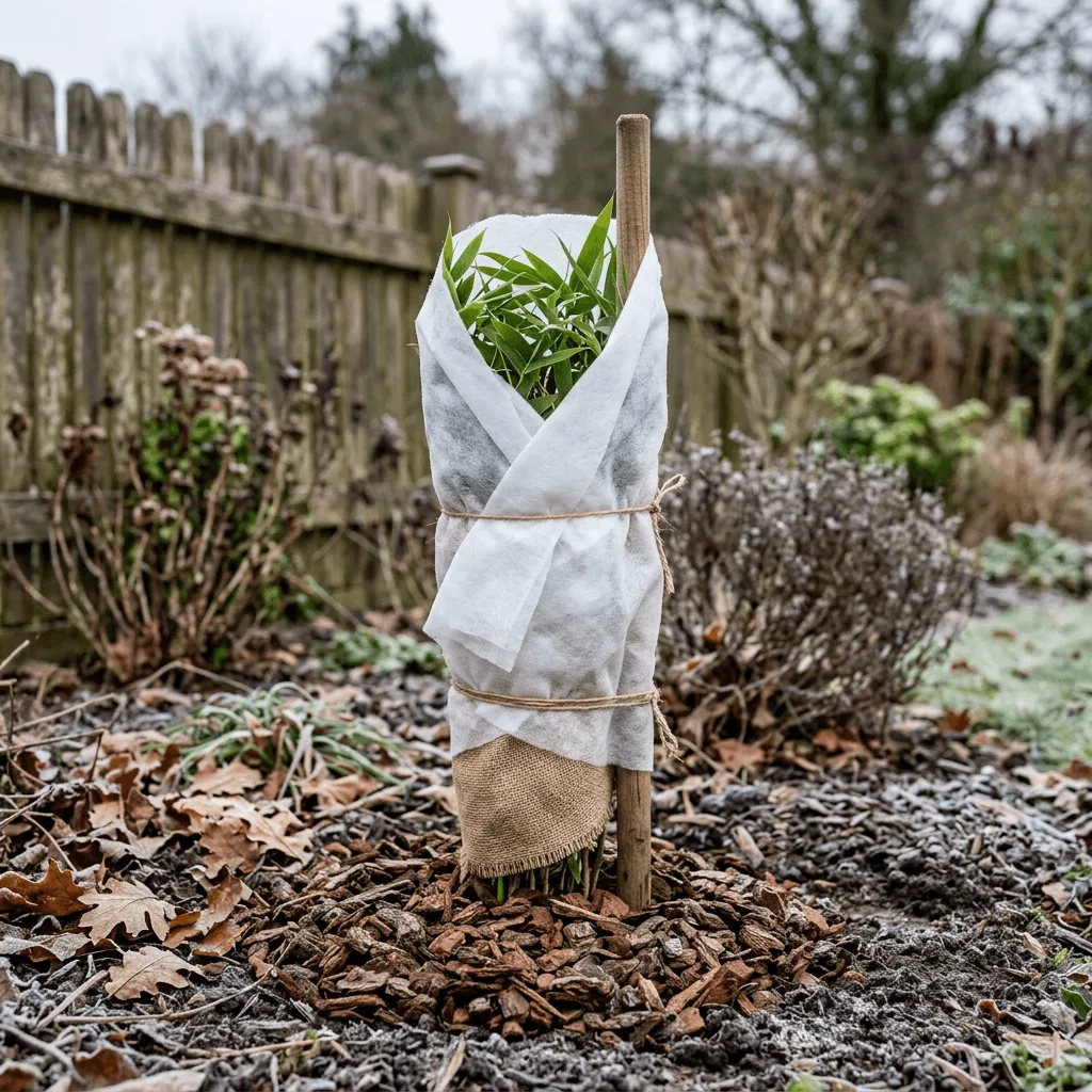 jonge bamboeplant ingepakt met beschermmateriaal tegen vorst