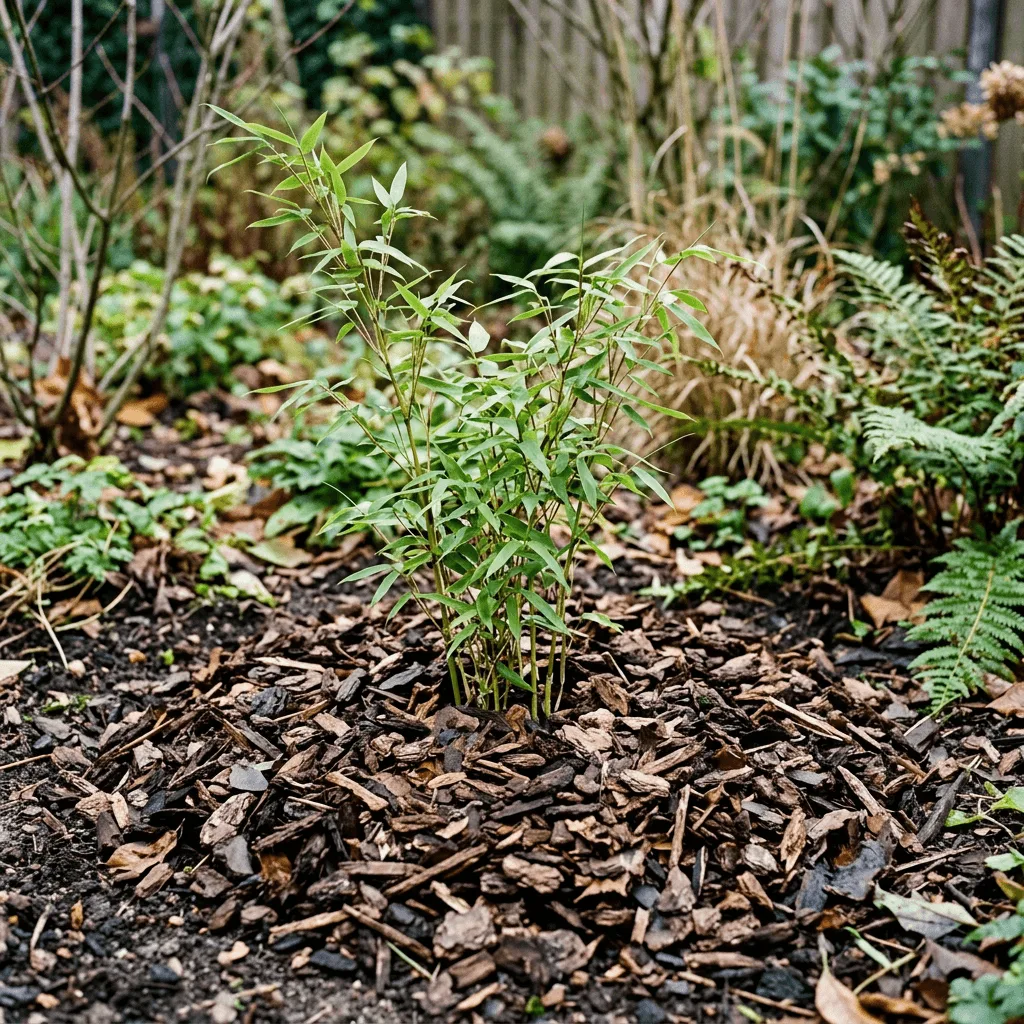 jonge Fargesia bamboe plant met mulchlaag rondom de stam