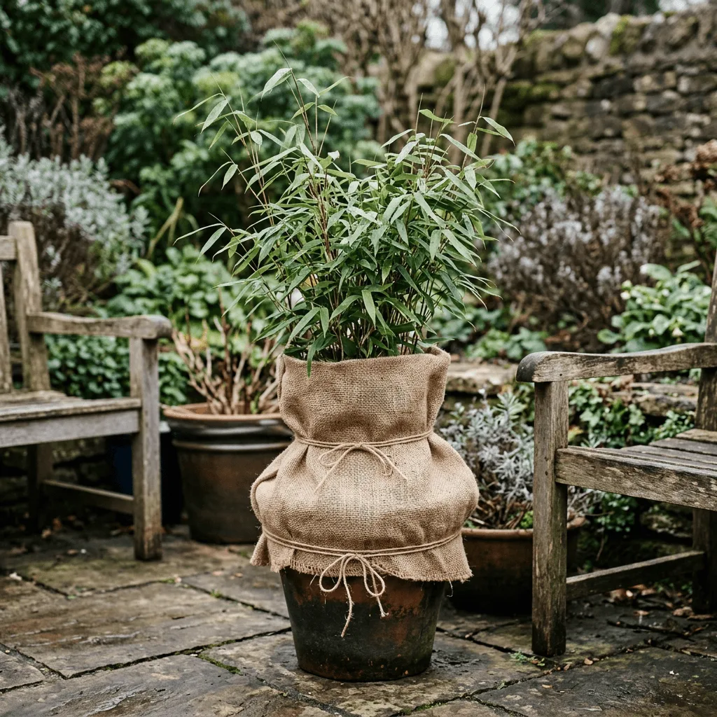 jonge Fargesia bamboe plant in pot met jutedoek als winterbescherming