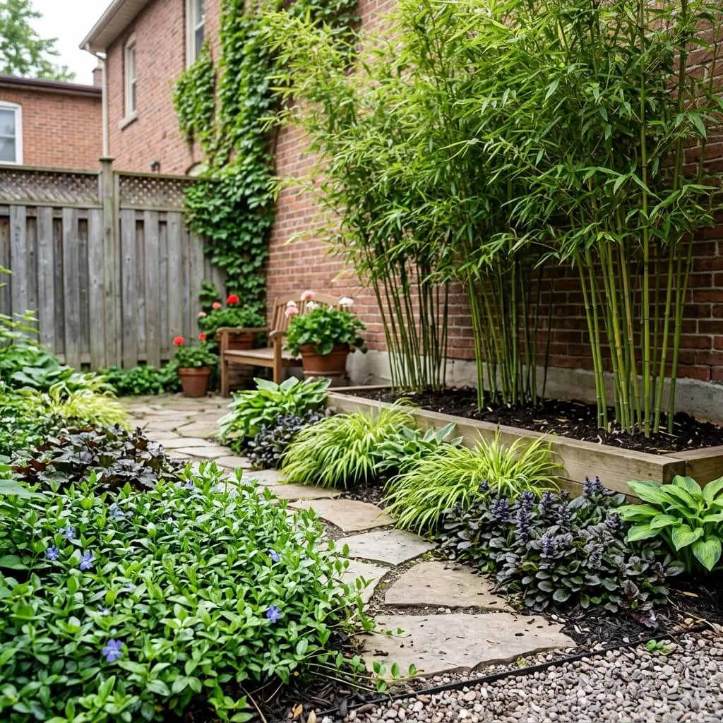 kleine stadstuin met bamboe en bodembedekkers voorgrond