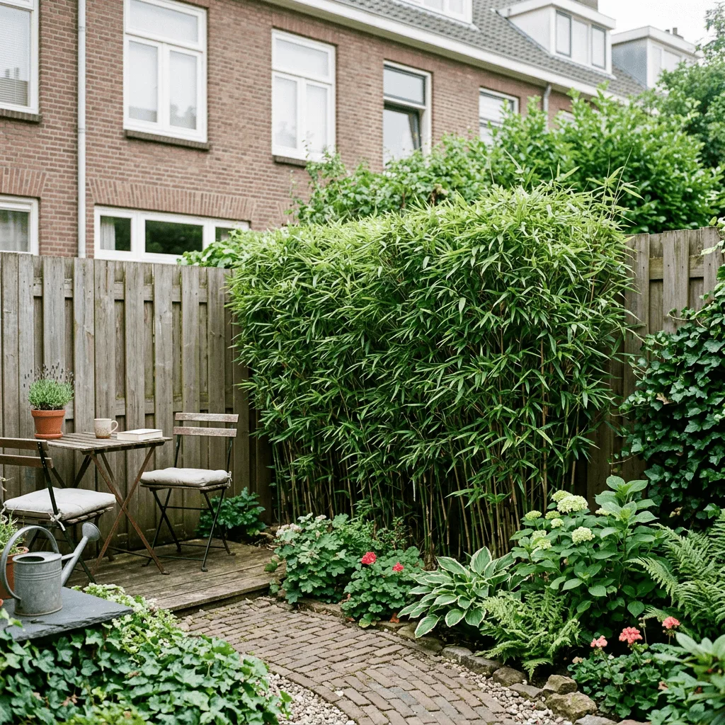 kleine stadstuin met smalle bamboe haag langs erfgrens