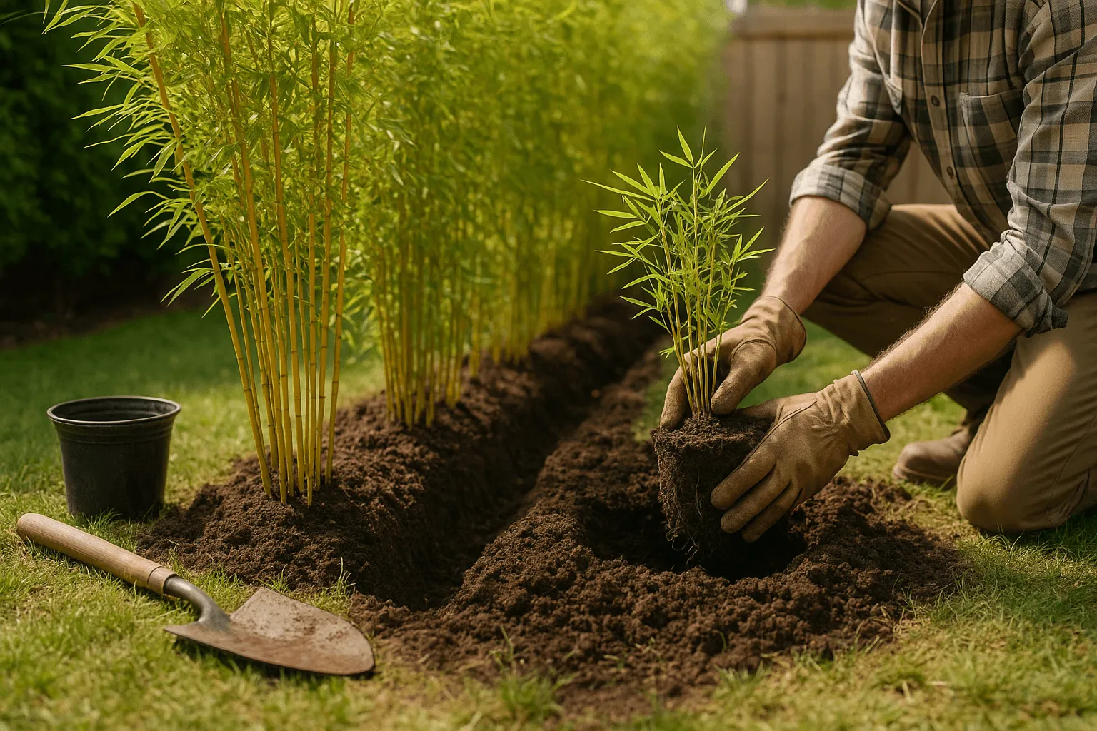 kleine tuin met bamboe haag als privacy afscheiding