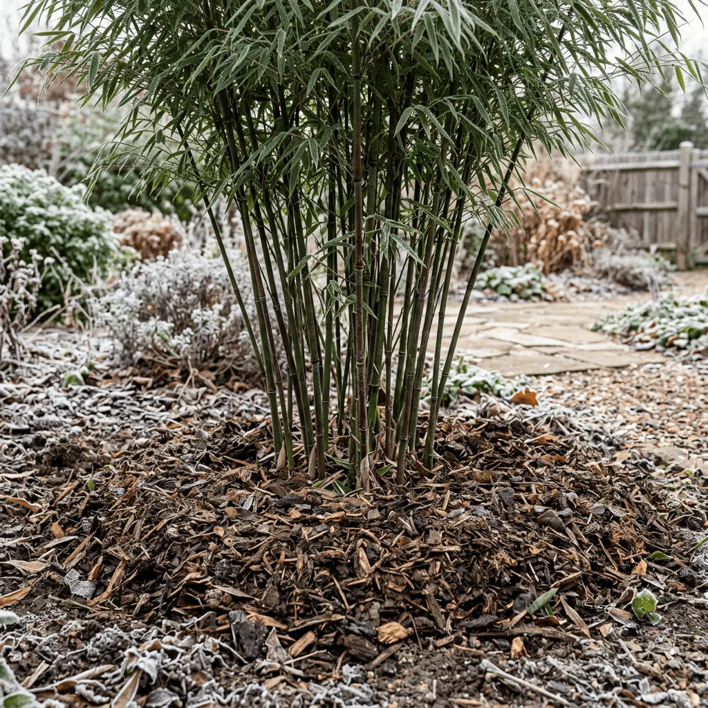 mulchlaag rondom bamboe plant als vorstbescherming in tuin