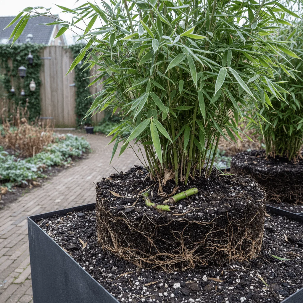 niet-woekerende Fargesia bamboe pol in tuin met zichtbare wortelstructuur