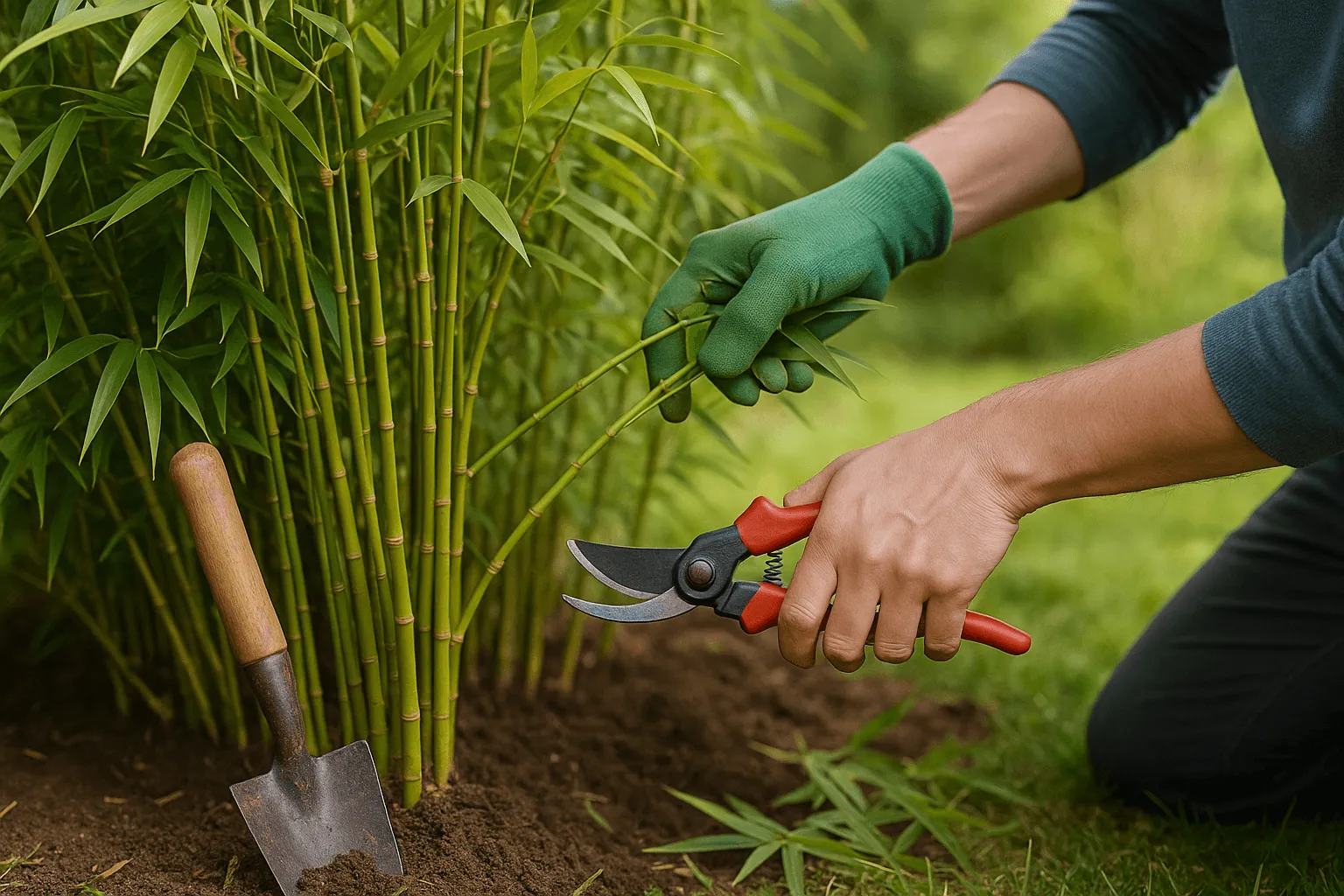 onderhoud bamboe haag snoeien halmen in tuin lente