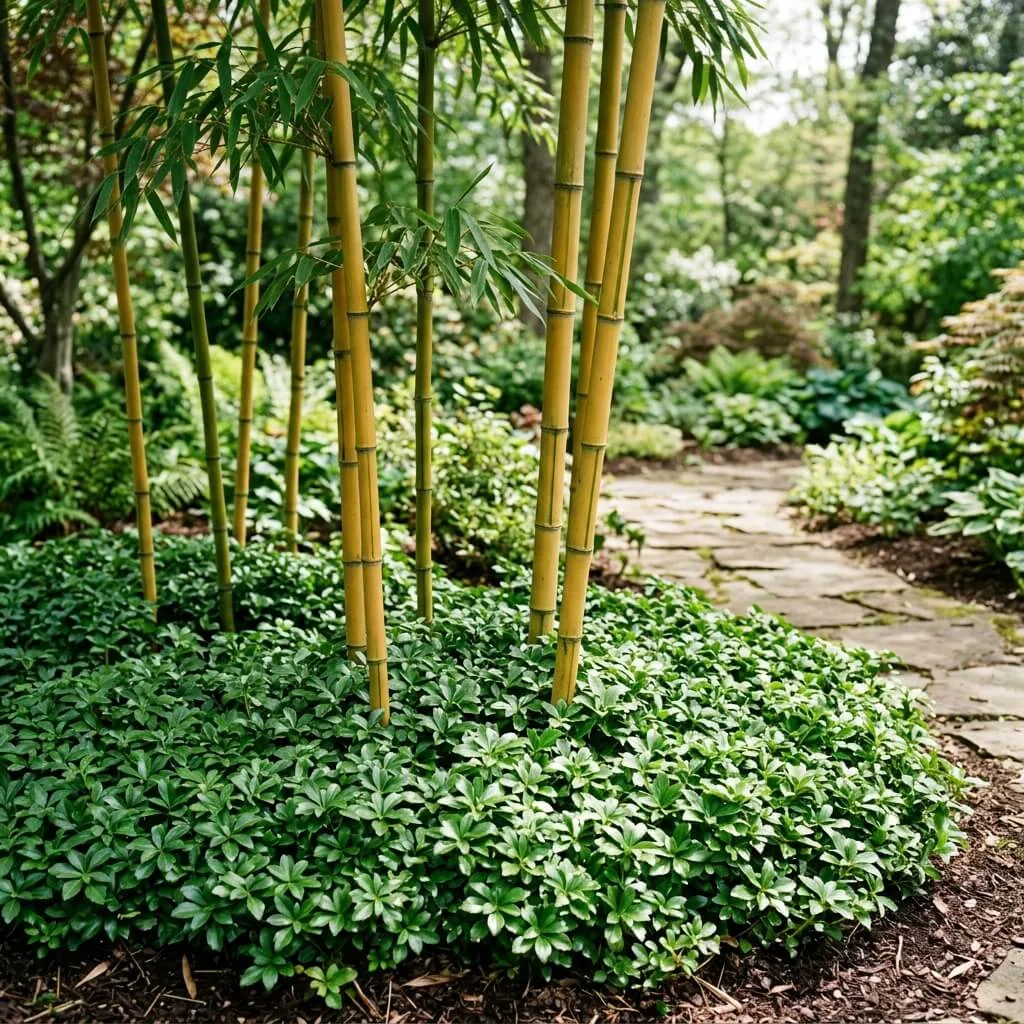 pachysandra als bodembedekker onder bamboe struiken