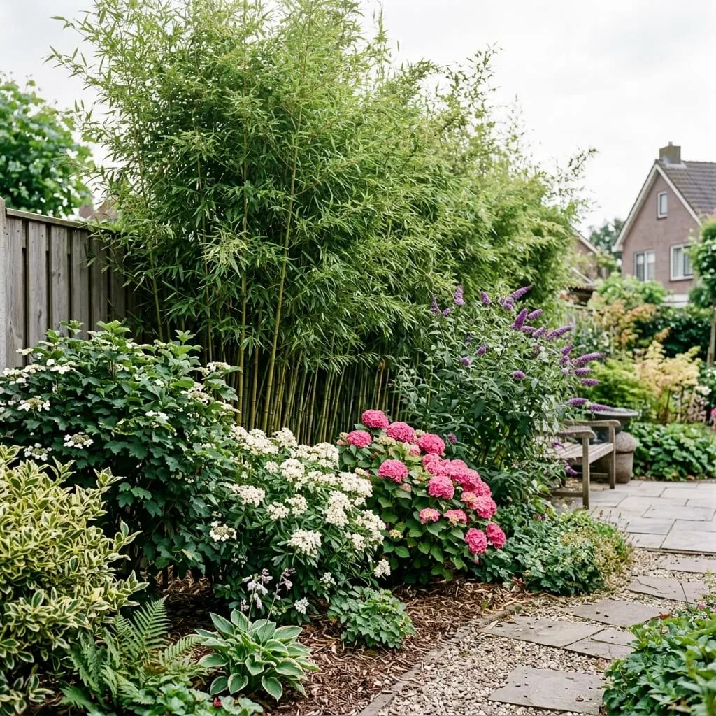 privacyscherm bamboe gecombineerd met sierheesters en heesters