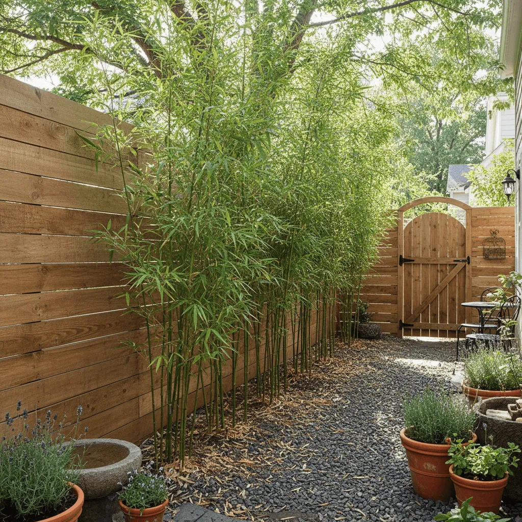 smalle bamboe haag langs houten schutting kleine tuin