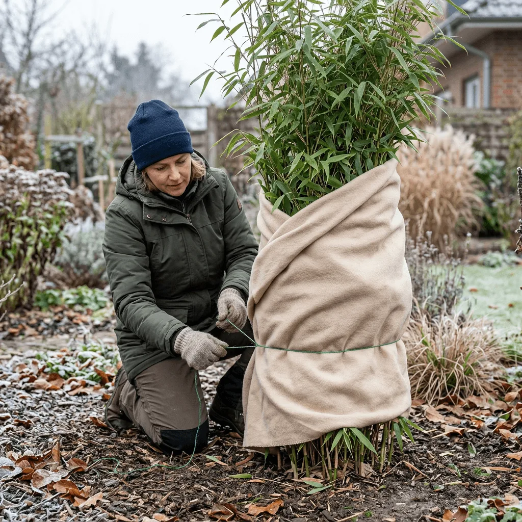 stap voor stap bamboe plant inpakken tegen vorst in de tuin