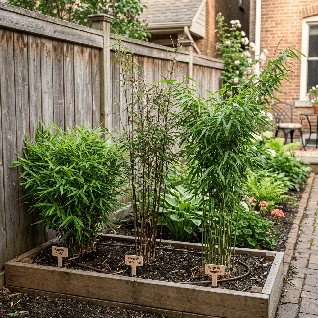 vergelijking bamboesoorten Fargesia naast elkaar in kleine achtertuin