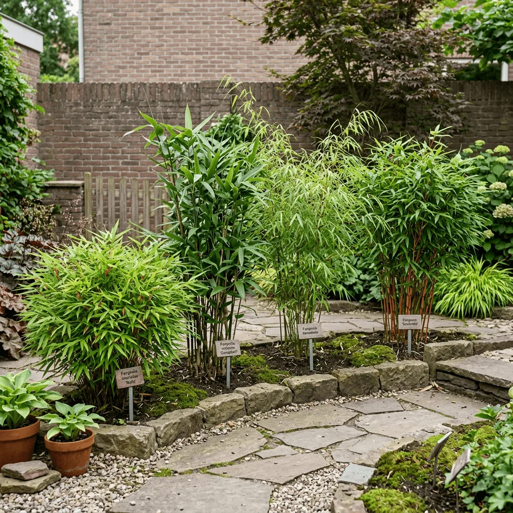 vergelijking Fargesia soorten naast elkaar in kleine tuin