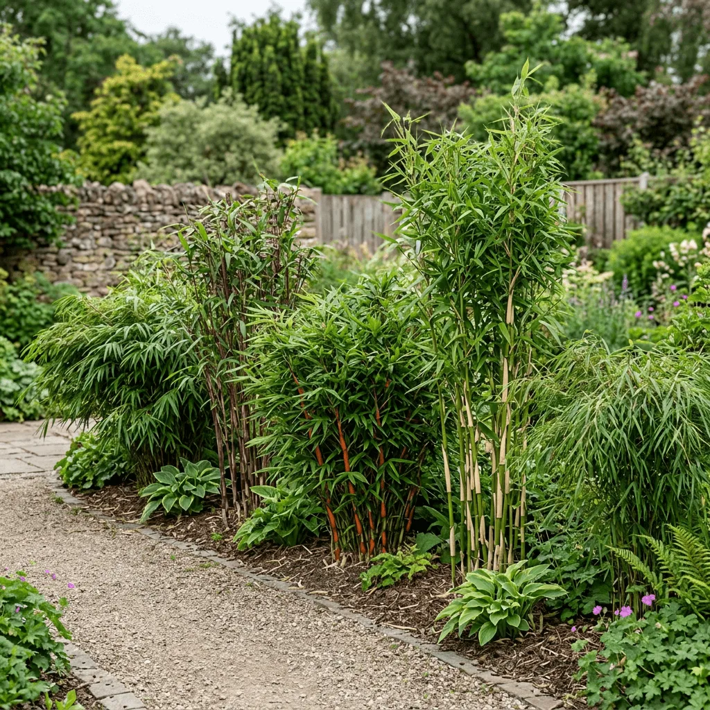 vergelijking van fargesia soorten in een rij in de tuin