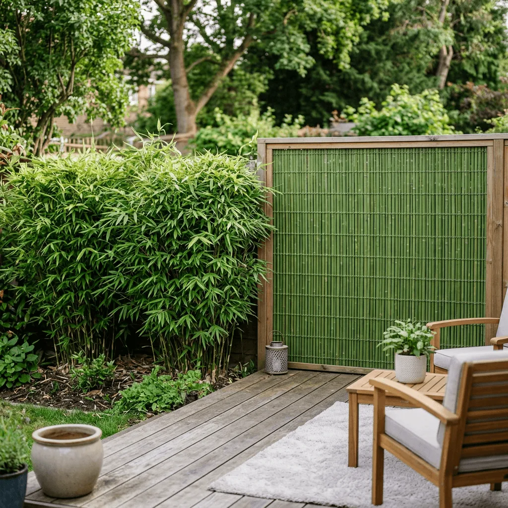 vergelijking levende bamboe haag naast kunstmatig privacyscherm