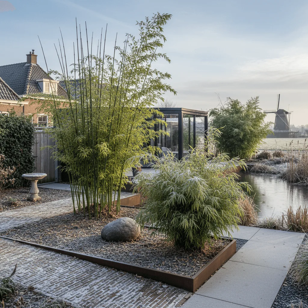 vergelijking verschillende Fargesia bamboe soorten in tuin