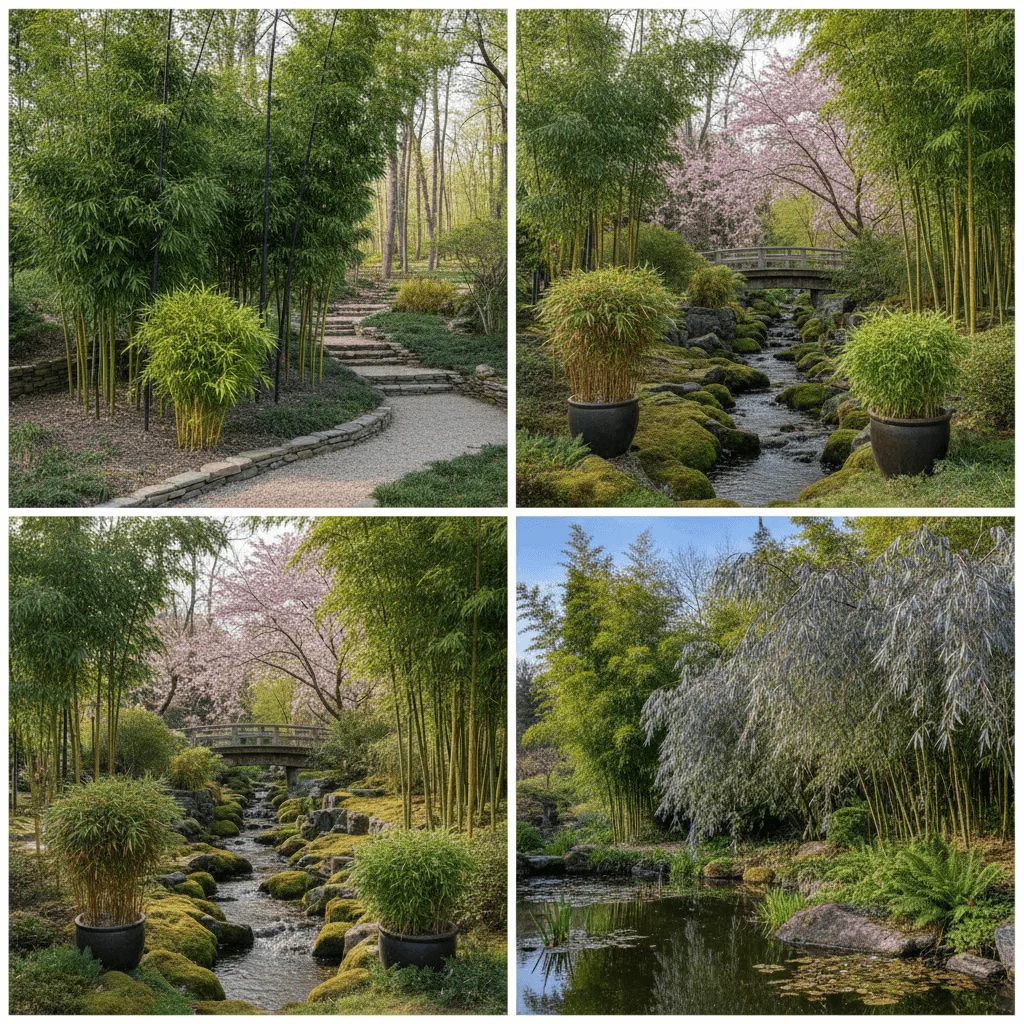 verschillende Fargesia bamboe soorten naast elkaar in tuin