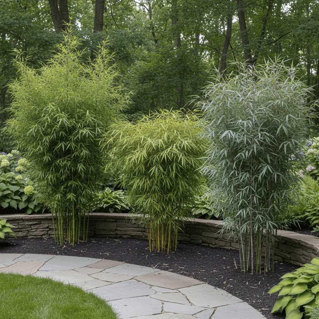 verschillende fargesia bamboeplanten naast elkaar in de tuin