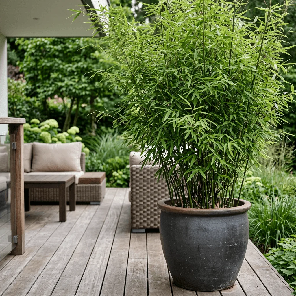 verzorgde Fargesia bamboe in grote pot op terras