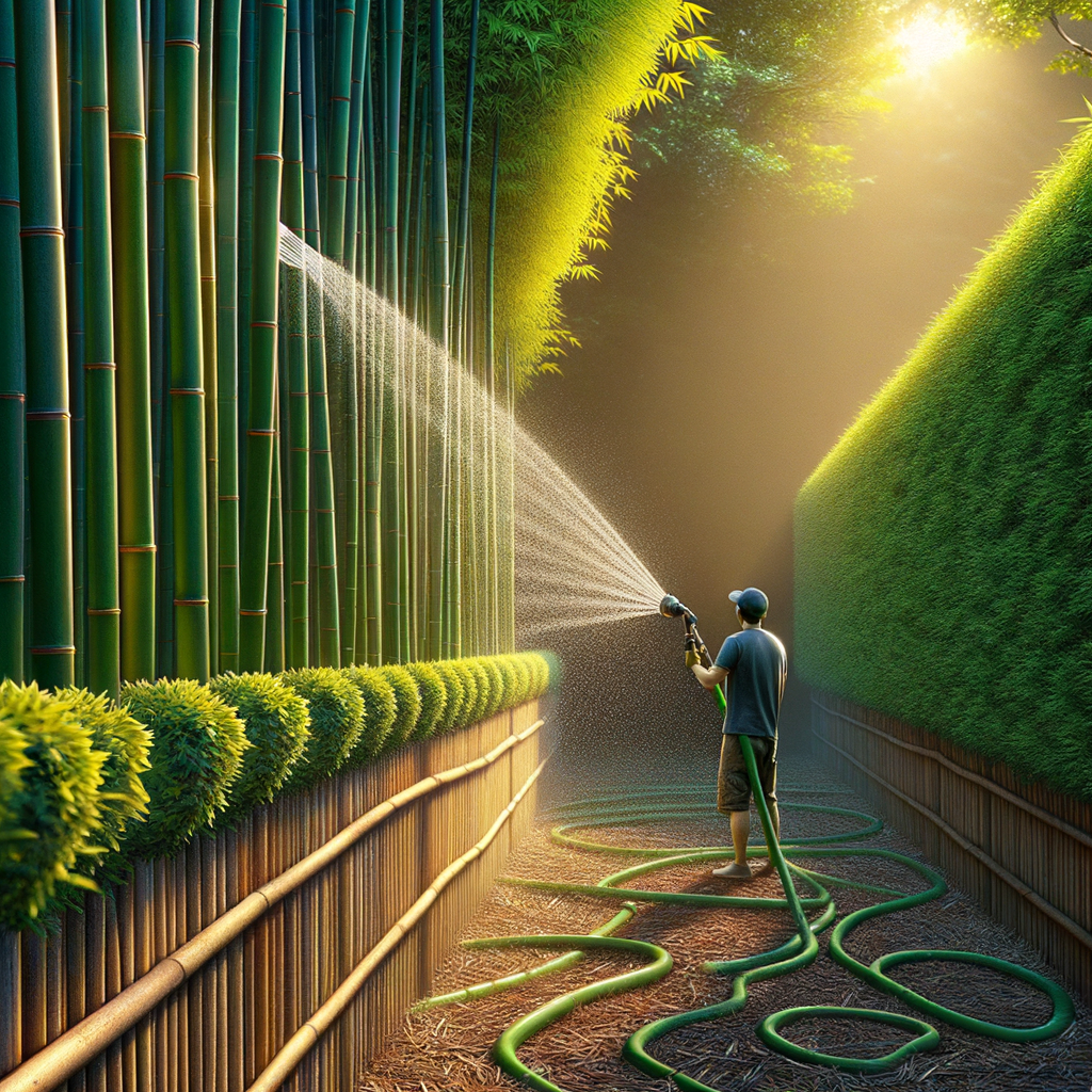 water geven aan bamboe haag met tuinslang zonnige dag