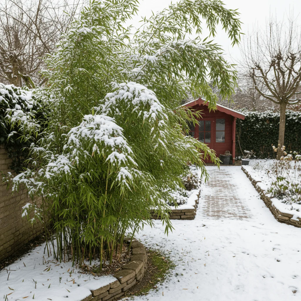 winterharde bamboe fargesia in een Nederlandse tuin met sneeuw