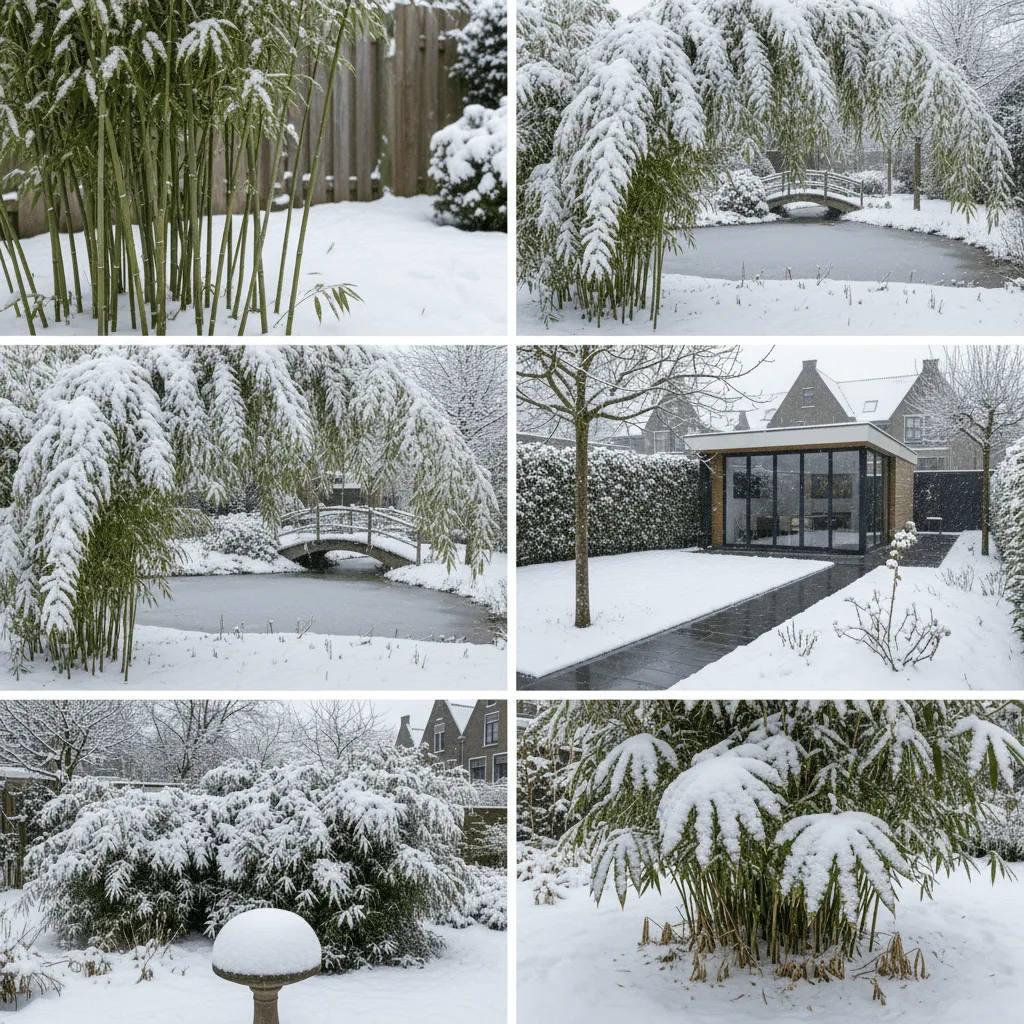 winterharde bamboe in Nederlandse tuin met sneeuw op de bladeren