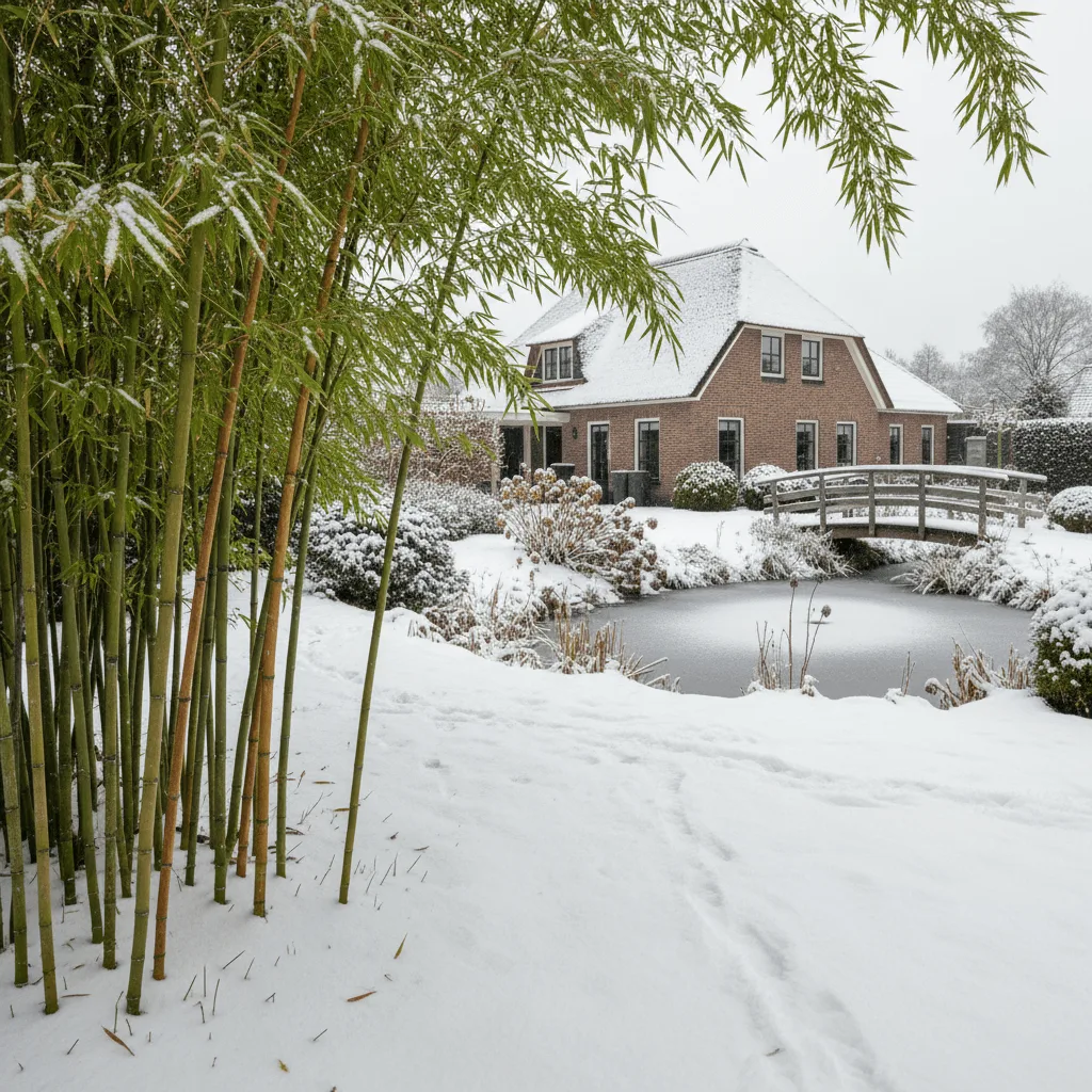 winterharde bamboe in Nederlandse tuin met sneeuw op de grond