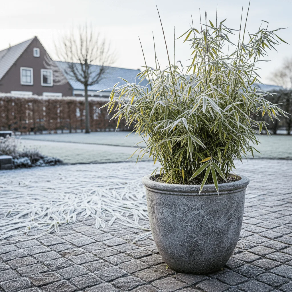 winterharde bamboe plant in pot op terras met vorst