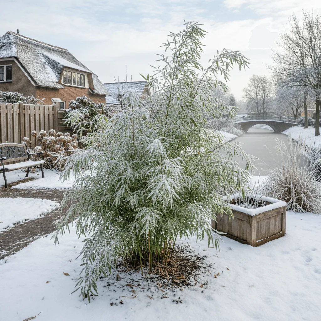winterharde bamboe planten in een Nederlandse tuin in de winter