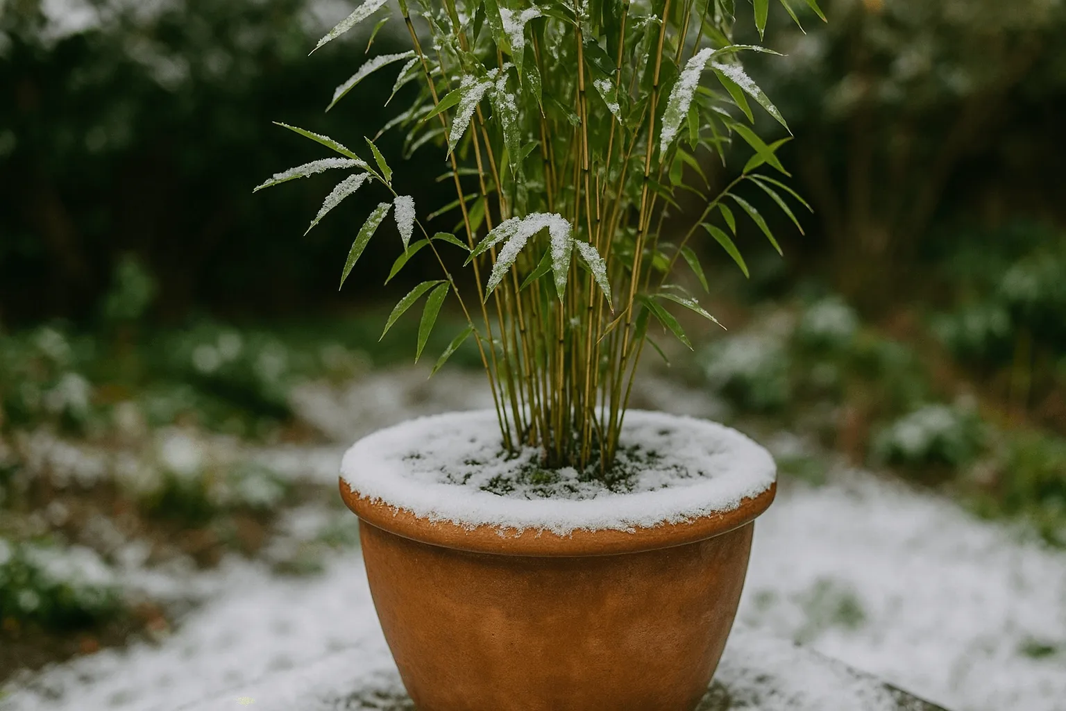 winterharde bamboe in pot bedekt met lichte sneeuw tuin