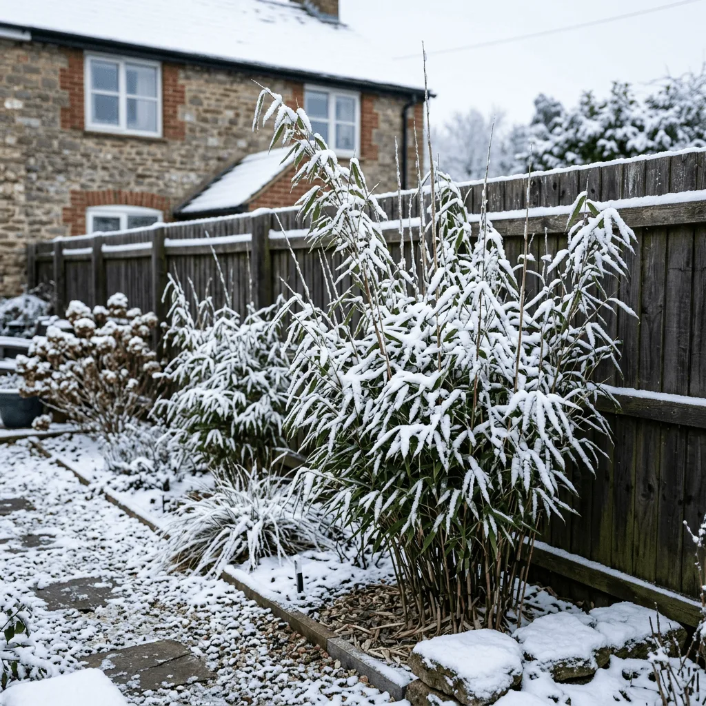 winterharde Fargesia bamboe met sneeuw in kleine tuin