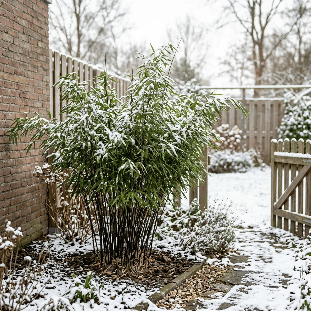 winterharde Fargesia bamboe met sneeuw in Nederlandse tuin